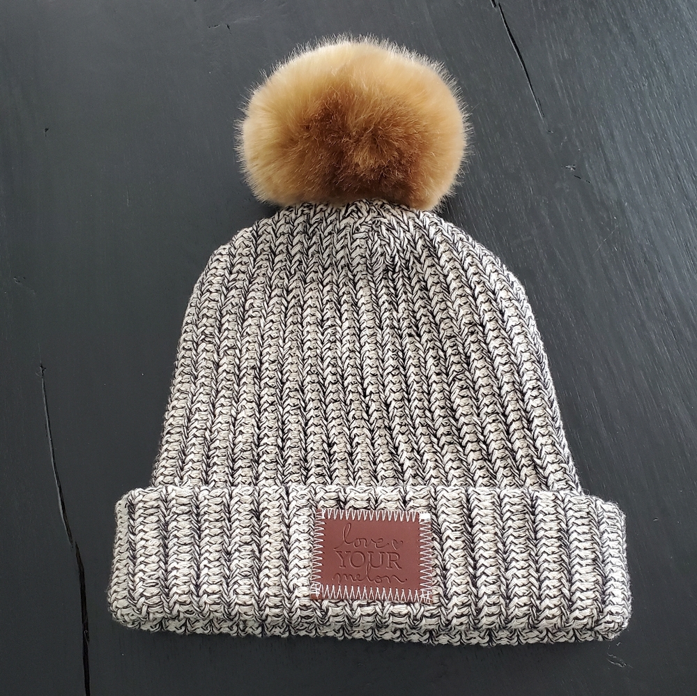 Love Your Melon Pom Beanie, Faux Fur, Natural/Black, 99% Cotton, NWOT